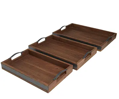 Minimalist Brown Wood Tray Featuring Industrial Black Metal Handles 1