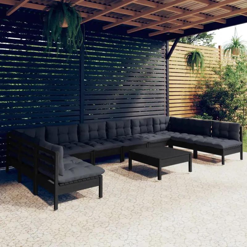 Modern 11-Piece Outdoor Lounge – Black Solid Pine Structure With Neutral-Tone Cushions 1