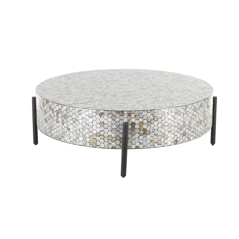 Mother-Of-Pearl Mosaic Coffee Table With Gray Shell Inlay And Black Metal Legs 1