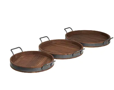 Nesting Brown Wood Tray Set With Sleek Black Metal Handles 1