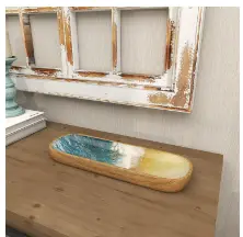 Ocean-Themed Brown Mango Wood Serving Tray With Colorful Enamel Interior – 16" X 6" X 2" 1