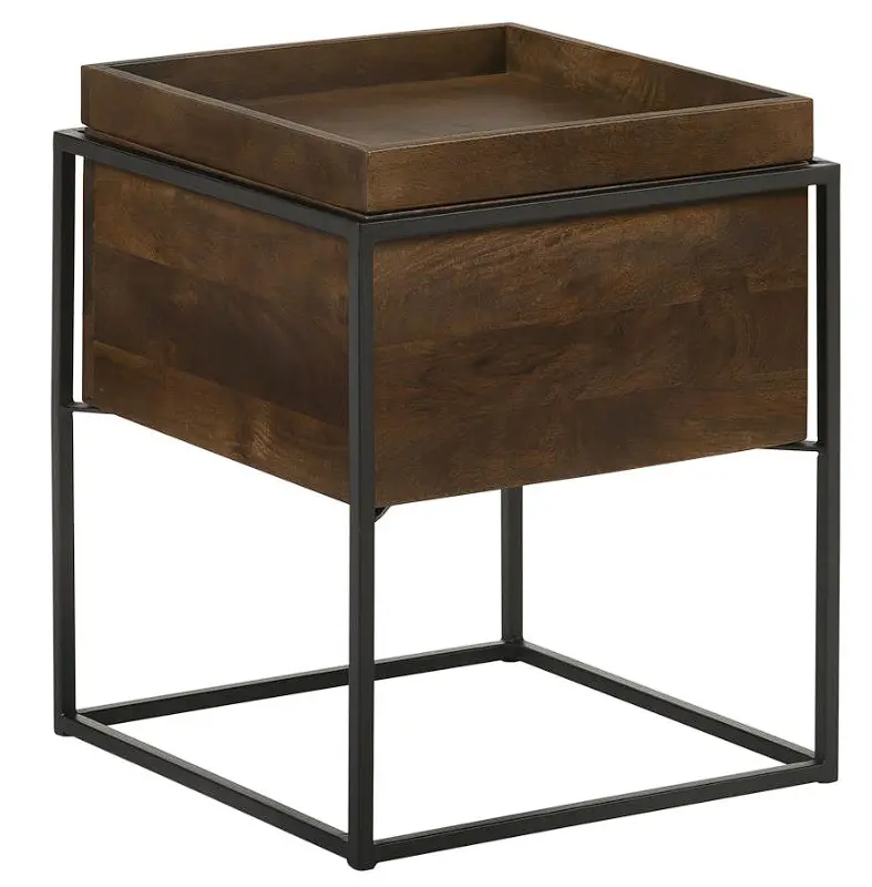 Ondrej Dark Brown Drum-Base Accent Table With Removable Gunmetal Tray 1