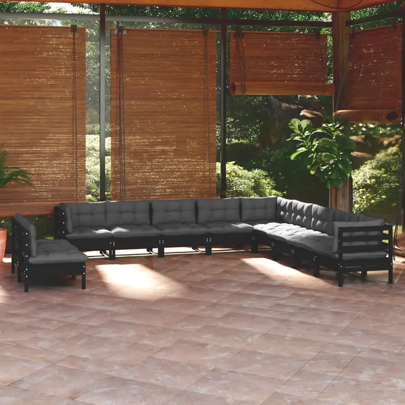 Outdoor Lounge Set (11-Piece) – Black Pinewood Construction With Removable Cushions 1