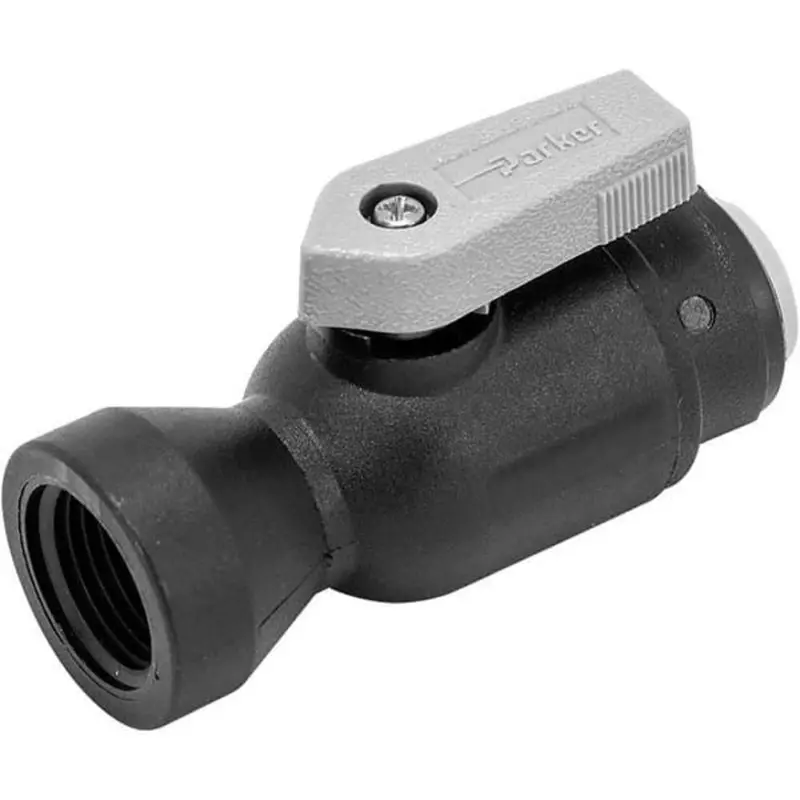 Polypropylene Shut-Off Ball Valve – 3/8" Quick-Connect × 3/8" Nptf, Black Body With Gray Lever 1