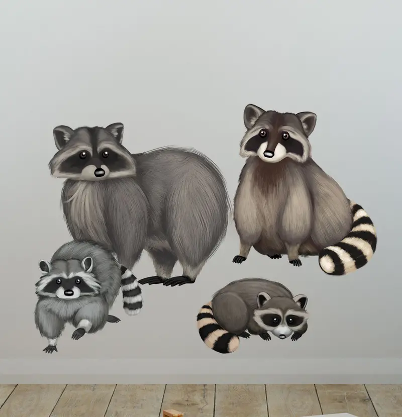 Raccoon Family Vinyl Wall Decals – Playful Animal Room Decor 1
