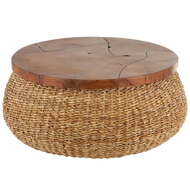 Rattan-Wrapped Coffee Table – Brown Living Room Centerpiece With Teak Wood Tabletop 1