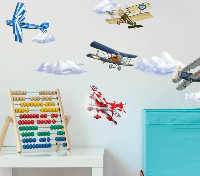 Retro Airplane And Cloud Wall Decals For Aviation-Themed Spaces 1