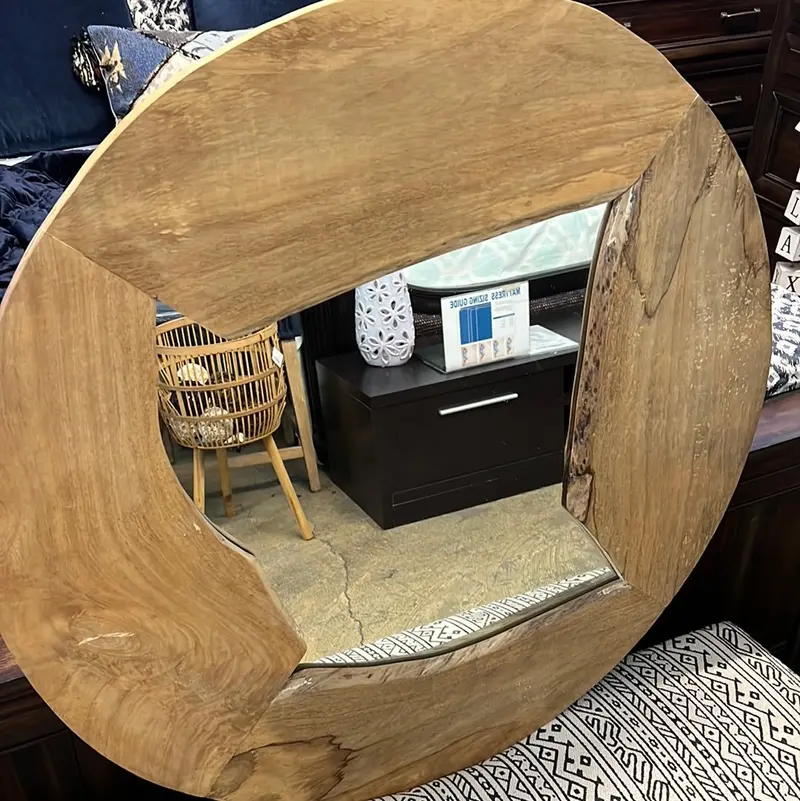 Rounded Wooden Wall Mirror With Natural Grain Finish 1
