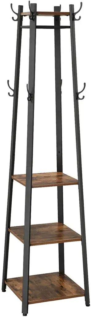 Rustic Brown & Black Wall-Mounted Coat Stand With Triple Shelving 1
