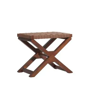 Rustic Leather-Finish Wooden Stool 1