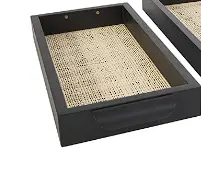 Set Of 2 Black Wooden Trays With Light Brown Woven Interiors And Rounded Handles (20" & 17" W) 1