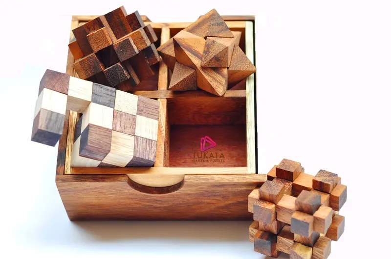 Set Of 4 Distinct Wooden Brain Teasers – Premium Gift Box Presentation 1
