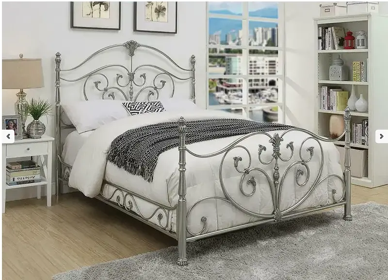 Silver Metal King-Sized Bed Frame With Ornate Scrollwork 1