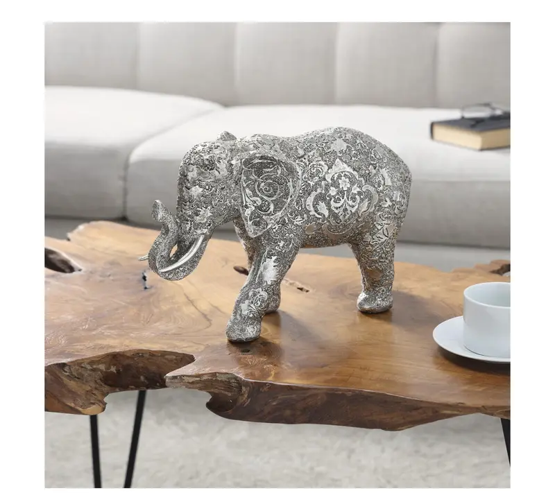 Silver Polystone Elephant Sculpture – Floral Engraved Detailing (6" X 14" X 9") 1