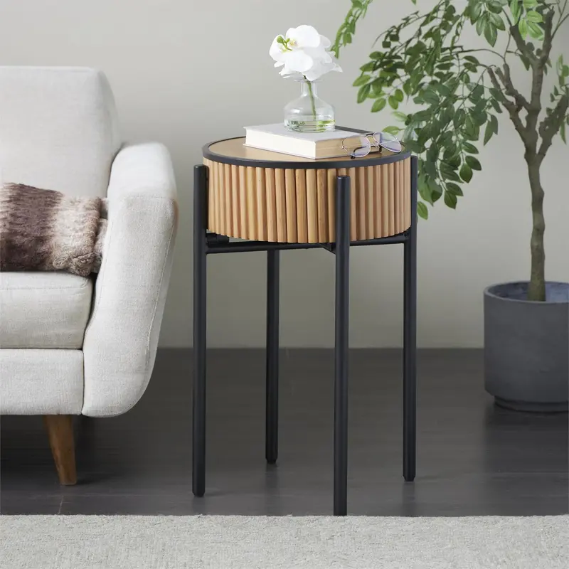 Slatted Drum-Shaped Side Table With Black Metal Legs And Warm Wood Tone 1