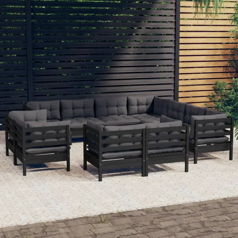 Spacious 11-Piece Garden Seating Set – Matte Black Pine With Premium Foam Cushions 1