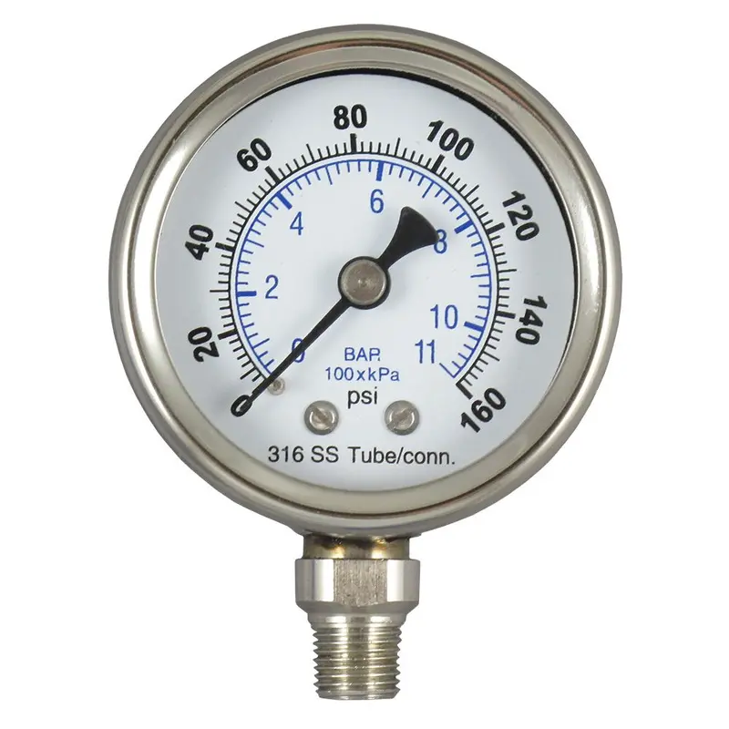 Stainless Steel Water Pressure Gauge – 160 Psi, 2.5 In Glass Dial, Lower-Mount 1/4 In Mpt 1