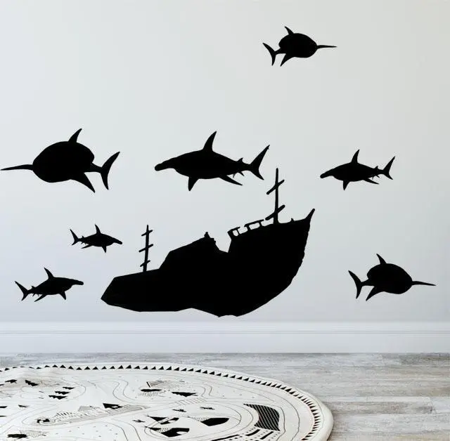 Sunken Ship And Shark Vinyl Wall Decals For Boys' Rooms 1