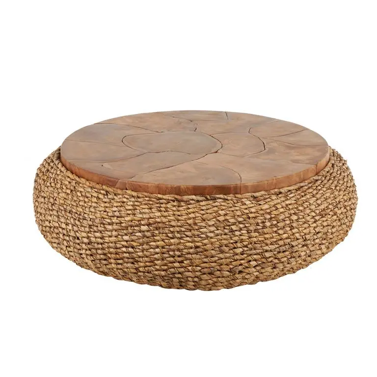 Teak-Topped Rattan Coffee Table – Brown Contemporary Living Room Design With Woven Frame 1