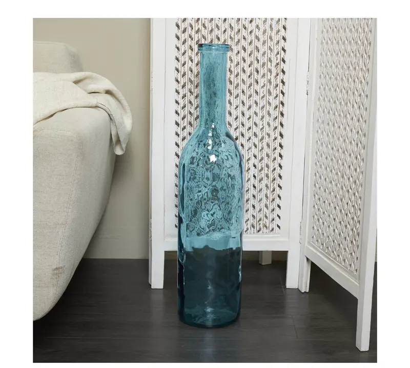 Teal Recycled Glass Tall Bottle Vase – Sustainable Statement Piece (7" X 7" X 30") 1