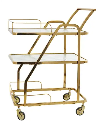 Three-Tier Gold Metal Bar Cart With Tempered Glass Shelves And Side Guards, 27" X 18" X 35" 1