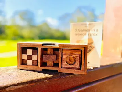 Three Wooden Brainteaser Puzzles – Handcrafted Set In Reusable Wooden Gift Box 1