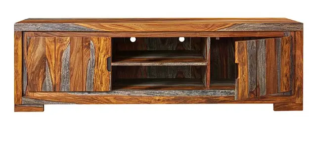 Two-Door Tv Console – Rustic Sheesham Wood Media Cabinet In Grey 1