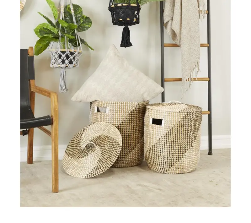 Two-Tone Brown Seagrass Storage Basket Set With Matching Lids 1