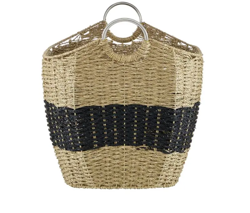 Two-Tone Brown Seagrass Storage Basket With Brushed Metal Handles 1
