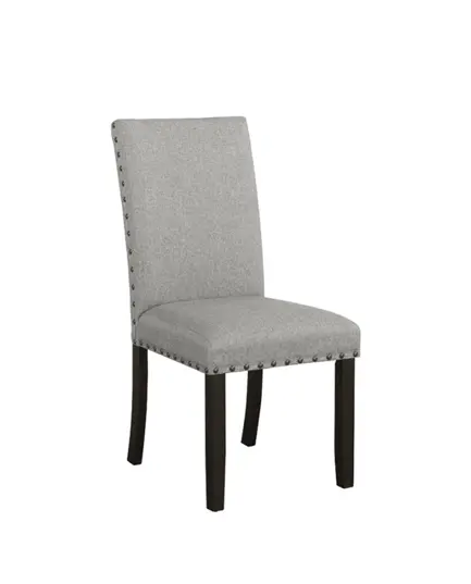 Upholstered Side Chairs – Grey Fabric & Antique Noir Wood Frame Pair 1