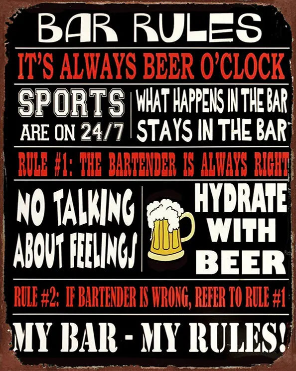 Vintage-Style 'Bar Rules' Metal Sign – 50X30Cm Man Cave Or Home Bar Accent 1