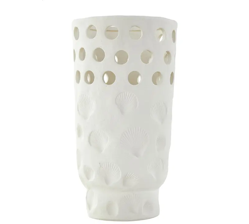 White Ceramic Shell Vase Featuring Cutout Accents – 7" Diameter X 13" Height 1
