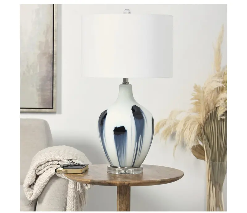 White Glass Abstract Lamp Featuring Blue Splatter Drip Design (15" X 15" X 27") 1