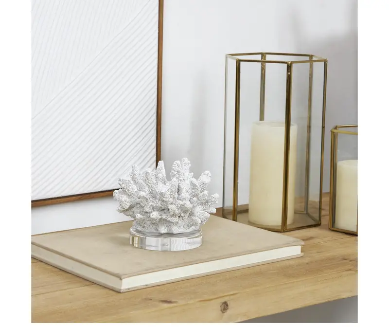 White Textured Polystone Coral Sculpture With Transparent Acrylic Base – 6" L X 5" W X 4" H 1