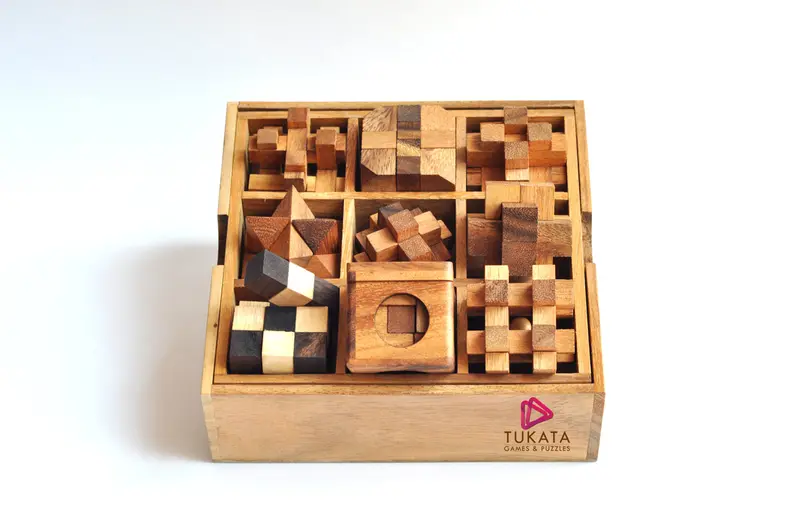 Wooden Brain Teaser Gift Set – 9 Unique Mechanical Puzzles In Display Box 1